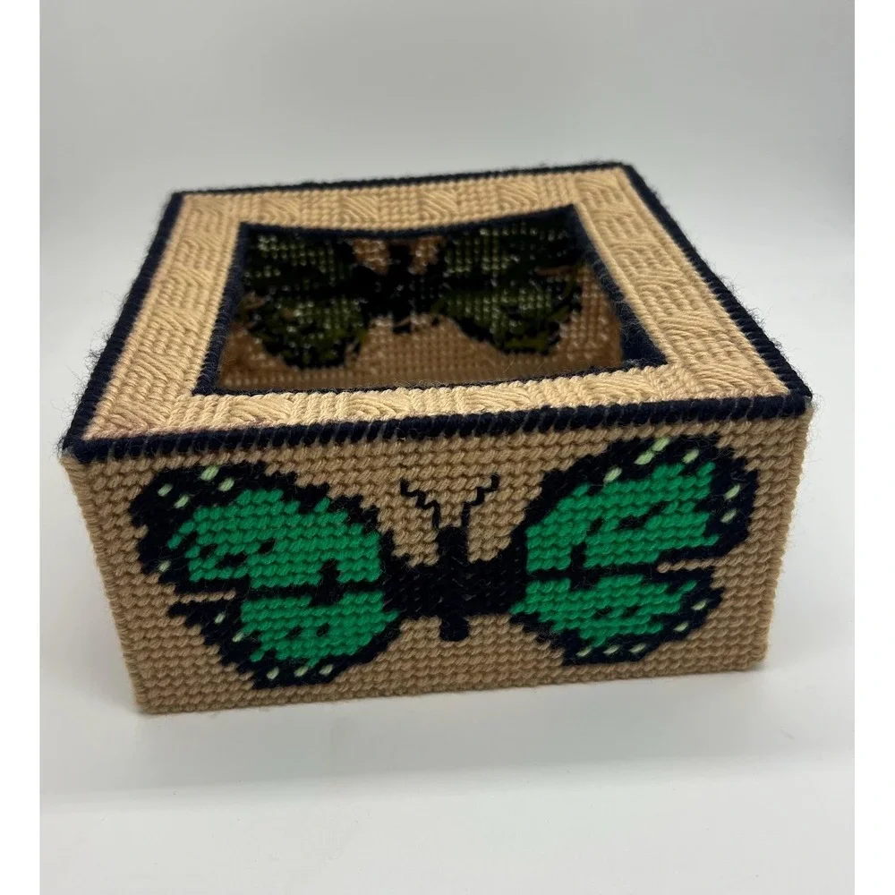 Handmade Needlepoint Butterfly Tissue Box Cover Yarn Art Cottagecore Decor